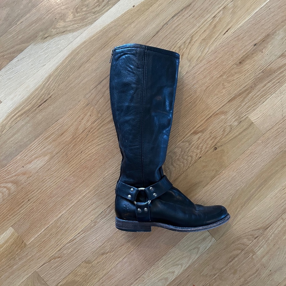 Frye Black Leather Knee-High Harness Boot
